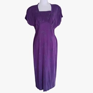Carole Little Midi Dress Womens 6 Purple Floral Jacquard Rayon Vintage 90s